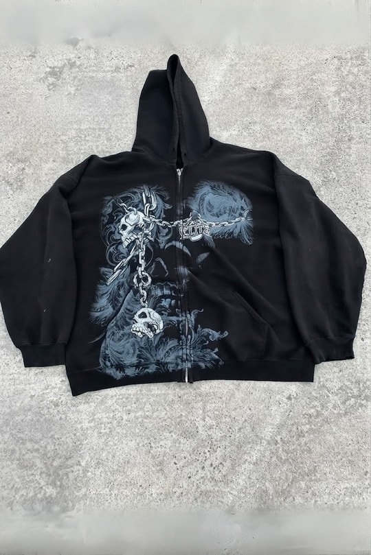 Yeni Siyah Gallows Skulls Y2K MMA Cyber Grunge Kapüşonlu Unisex Hırka
