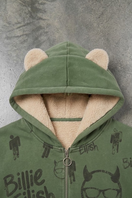 Yeşil Billie Elish Kulaklı Peluş Y2K Unisex Hırka