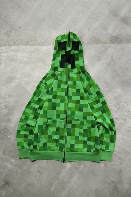 Yeşil Creeper Y2K Unsiex Kapüşonlu Hırka