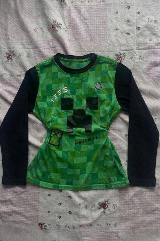 Yeşil Raglan Minecraft Creeper Y2K Uzun Kollu Crop