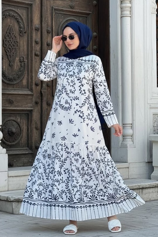 Beyaz Laci Desenli Elbise