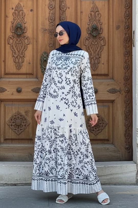 Beyaz Laci Desenli Elbise