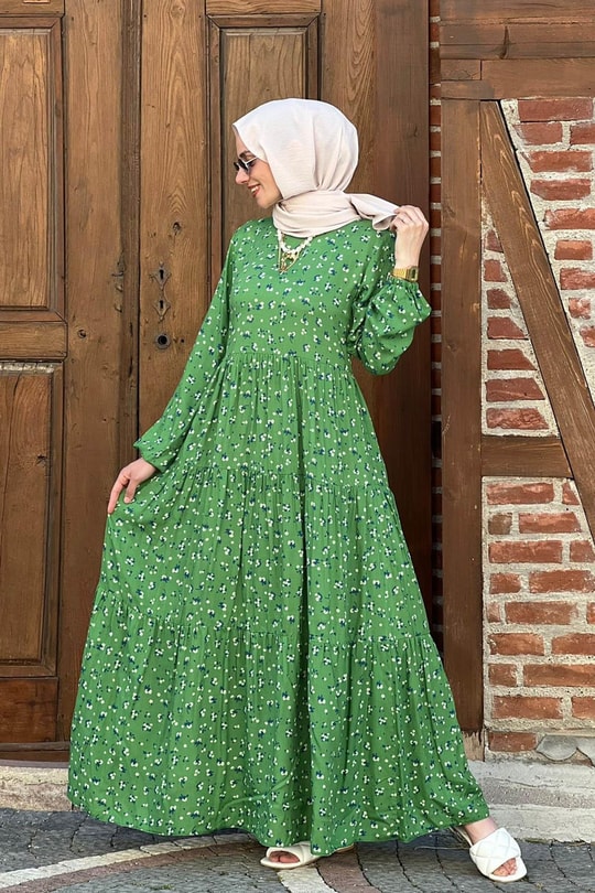 Sümbül Yeşil Desenli Elbise