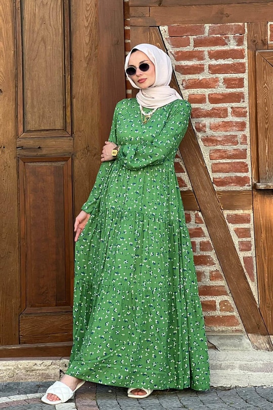 Sümbül Yeşil Desenli Elbise