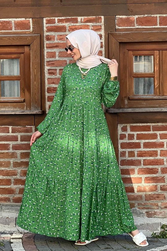 Sümbül Yeşil Desenli Elbise