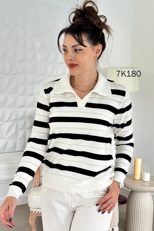 Polo Yaka Çizgili Simli Triko Bluz