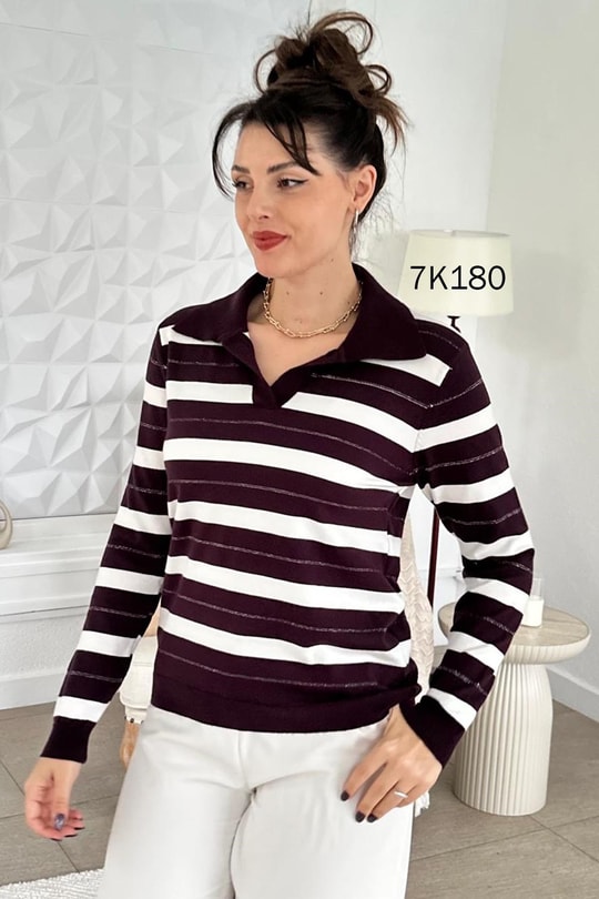 Polo Yaka Çizgili Simli Triko Bluz