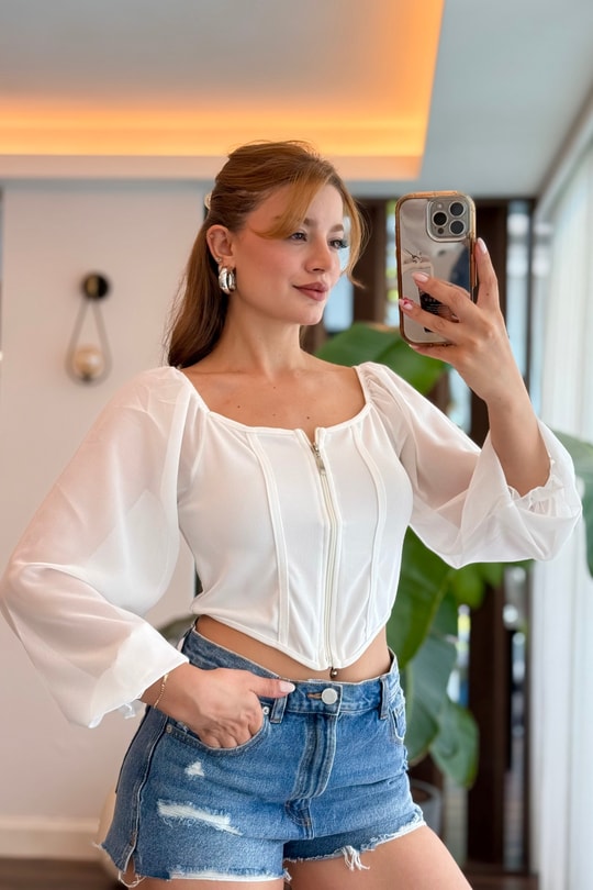 Kare Yaka Kolları Tül Detaylı Fermuarlı Bluz Beyaz