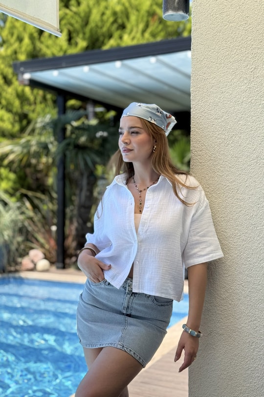 Kadın Kısa Kol Crop Gömlek Bej