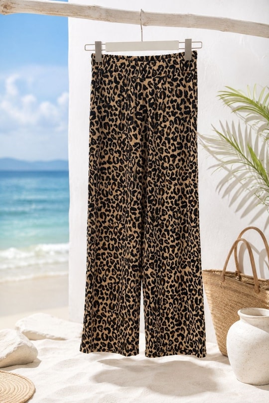 Kadın Beli Lastikli Cepli Bol Kesim Pantolon Leopar