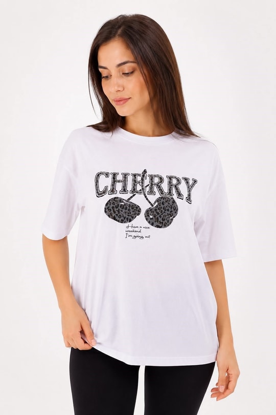 Kadın Leopar Desenli Cherry Baskılı Pamuk Tshirt Beyaz