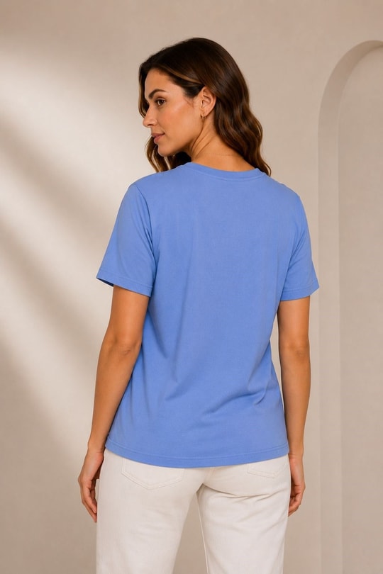 Kadın Taş Detaylı Bisiklet Yaka Oversize Tshirt Mavi