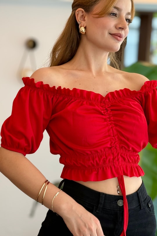 Madonna Yaka Büzgülü Crop Bluz Kırmızı