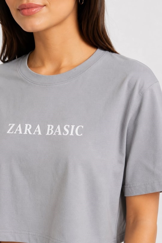 Kadın Zra Baskılı Crop Tshirt Gri