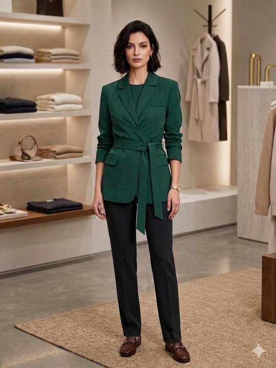 Kadın Oversize Düğmeli Belden Bağlamalı Blazer Ceket Yeşil