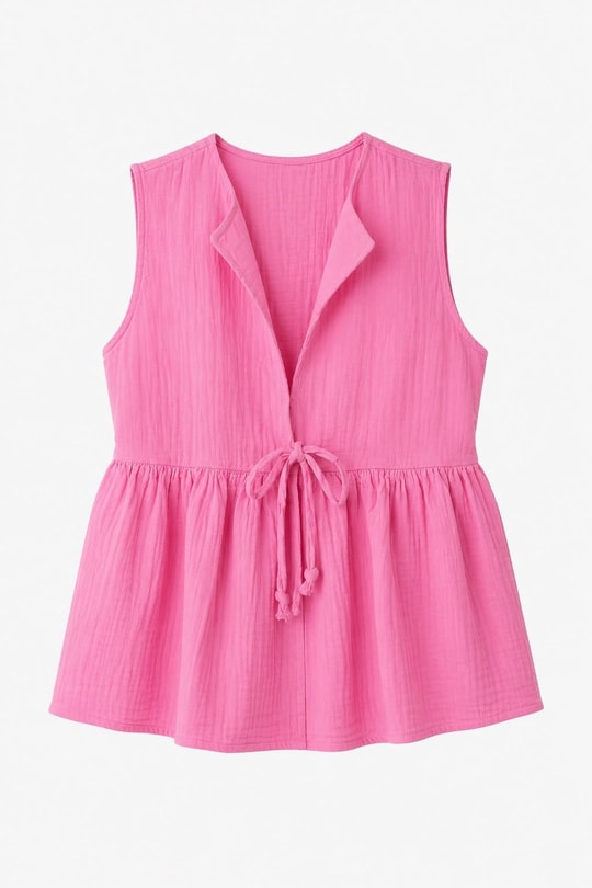 Kadın Vyaka Bağcık Detay Sıfır Kol Müslin Bluz Pembe