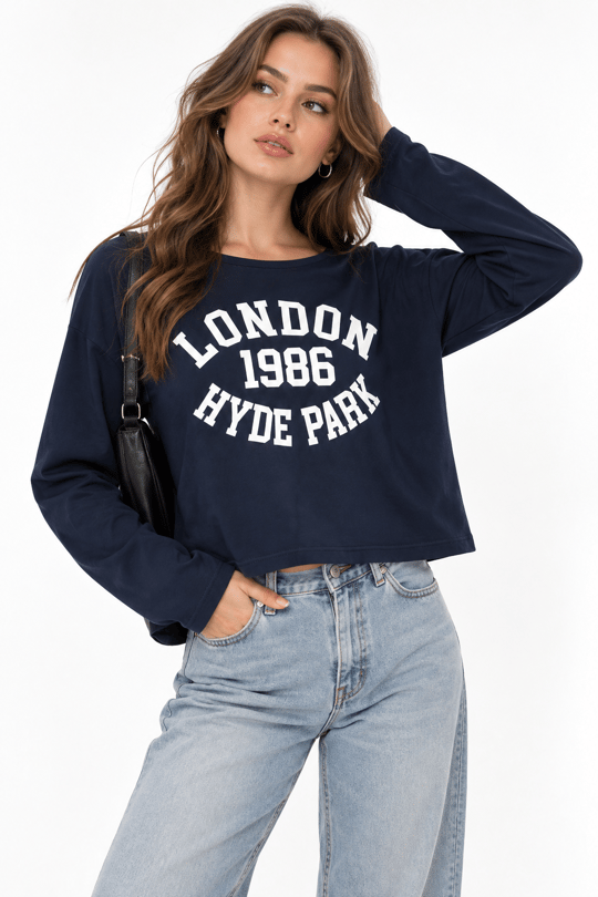 Kayık Yaka Viskon London Baskılı  Uzun Kollu Tshirt Lacivert