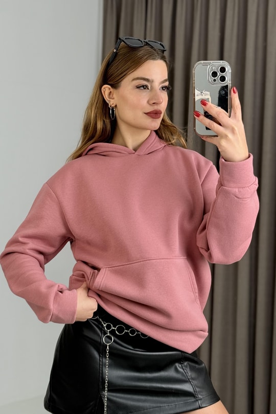 Üç İplik Pembe Şardonlu Kangru Cepli Kapişonlu Sweat