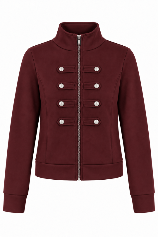 Kadın Kristal Taş Düğme Detaylı Fermuarlı Dik Yaka Sweatshirt Bordo