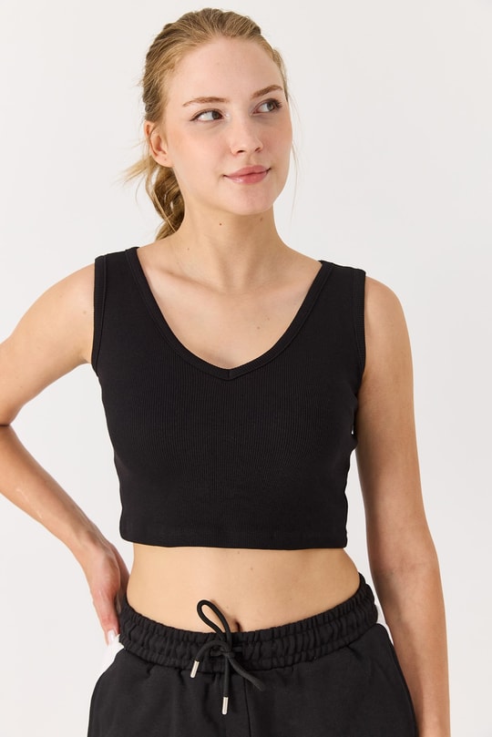 Kadın V Yaka Kaşkorse Crop Bluz Siyah