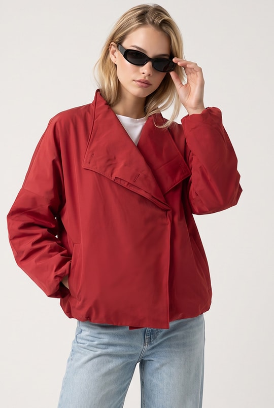 Kadın Asimetrik Yaka Cepli Altı Lastikli Oversize Trençkot Nar Çiçeği
