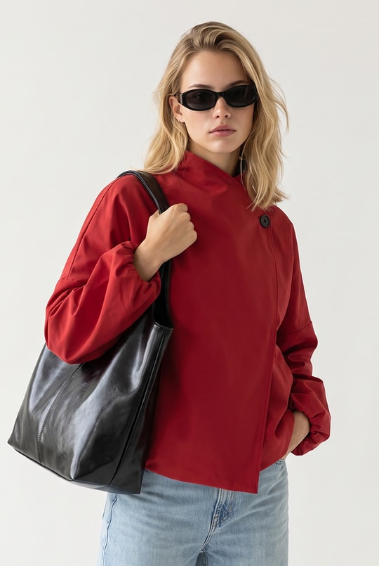 Kadın Asimetrik Yaka Cepli Altı Lastikli Oversize Trençkot Nar Çiçeği