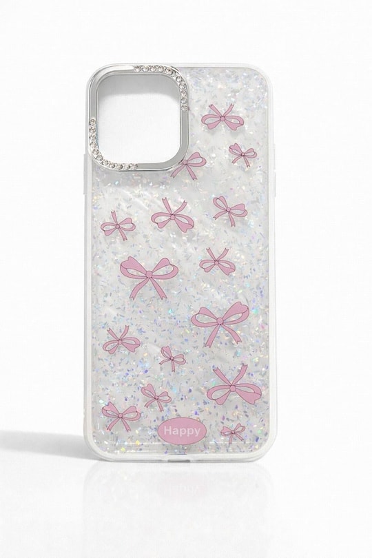 iPhone 14 Uyumlu Kurdele Detaylı Glitter ve Taşlı Kılıf Şeffaf
