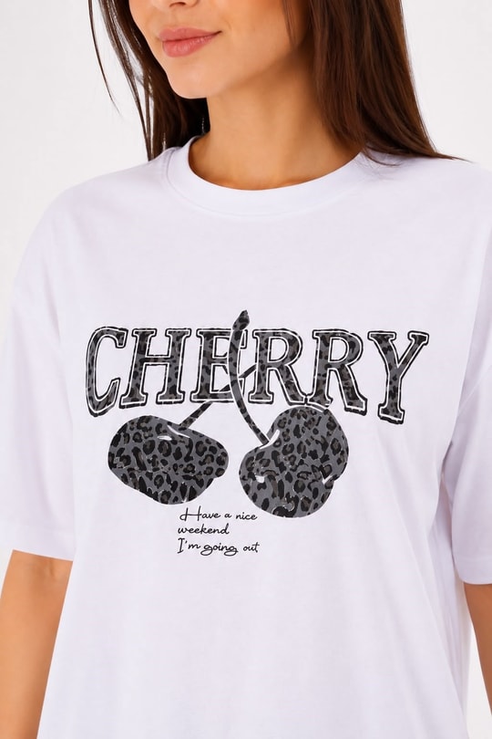 Kadın Leopar Desenli Cherry Baskılı Pamuk Tshirt Beyaz