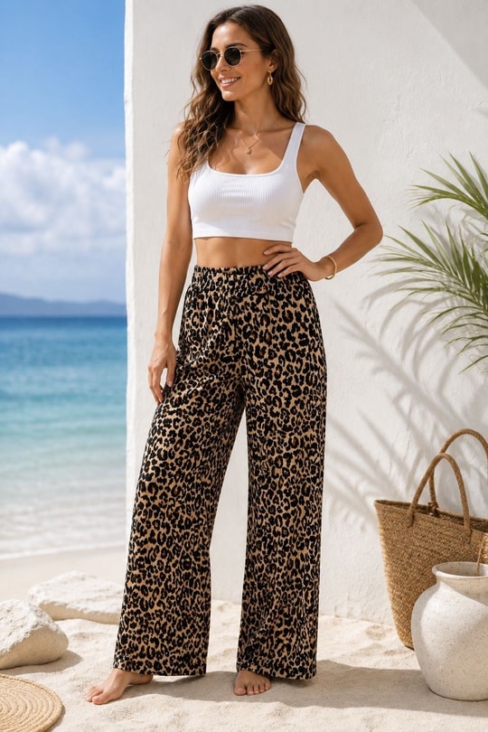 Kadın Beli Lastikli Cepli Bol Kesim Pantolon Leopar