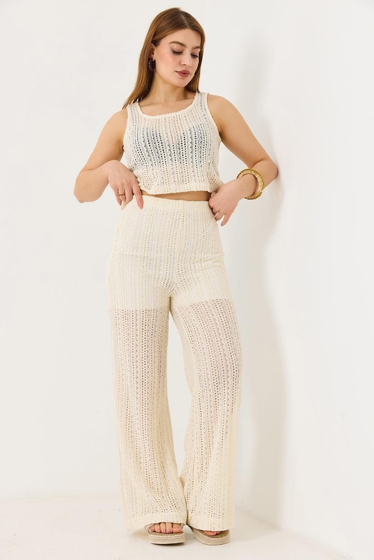 Kadın Ajurlu Pantolun Crop Bluz İkili Takım Ekru Astarsız