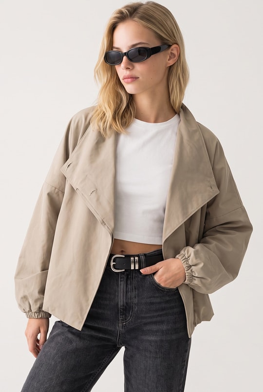 Kadın Asimetrik Yaka Cepli Altı Lastikli Oversize Trençkot Vizon