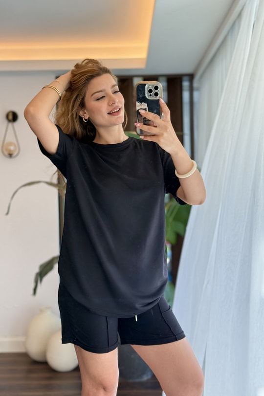 Kadın  Şortlu Çımalı  Kısa Kollu Takım Siyah