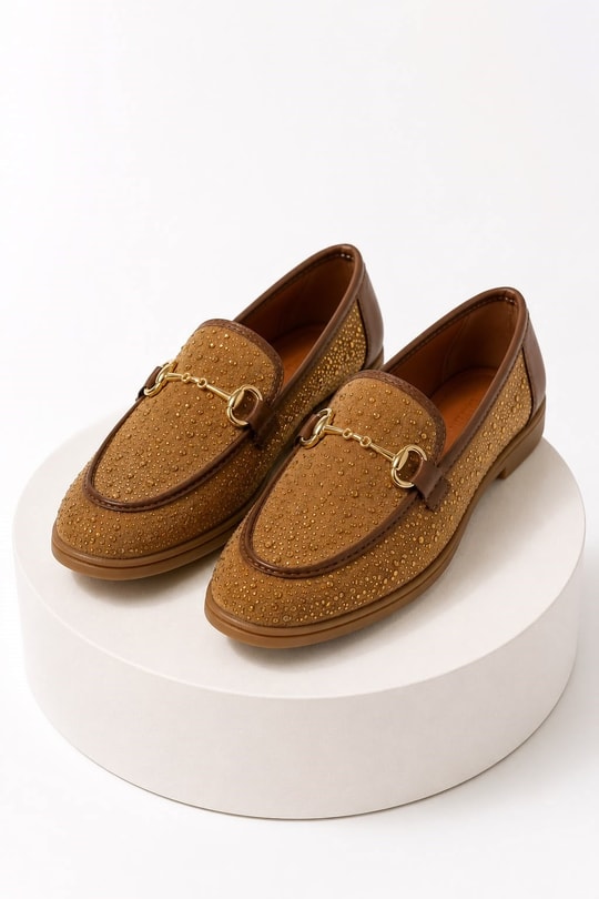 Kadın Süet  Taşlı Üzeri Kemer Detaylı Taba Loafer