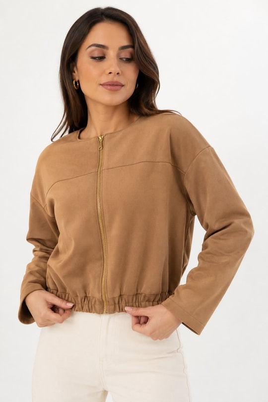 Kadın Crop Bomber Fermuarlı Süet Ceket Taba