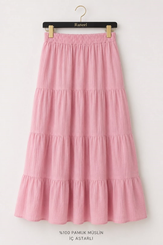 Kadın Beli Lastikli Katlı Müslin Etek Pembe