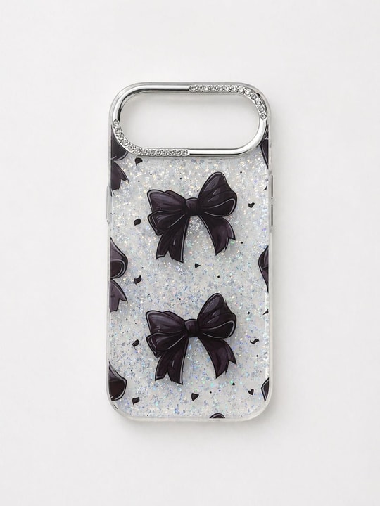 İphone 17 Air Uyumlu Siyah Fiyonk Desenli Glitterlı Kılıf Şeffaf