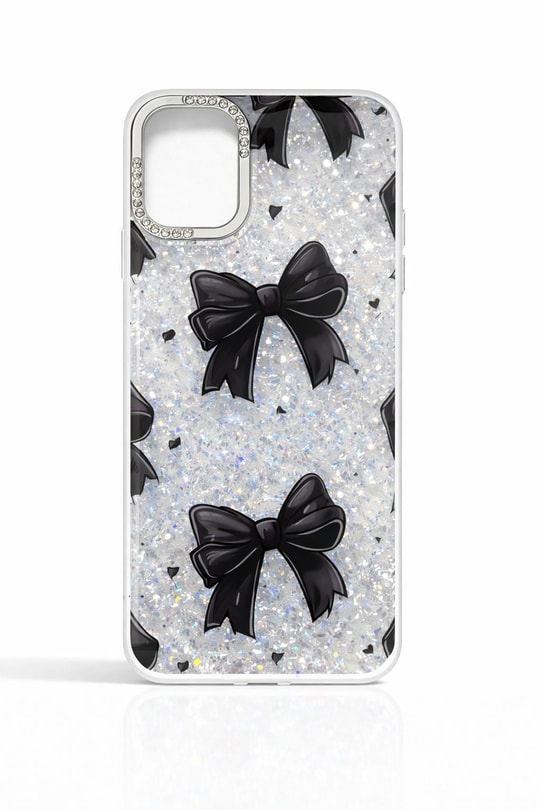 İphone 14 Pro Max Uyumlu Siyah Fiyonk Desenli Glitterlı Kılıf Şeffaf