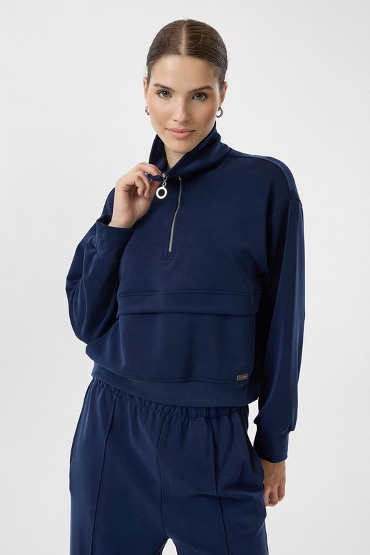 Yarım Fermuarlı Cepli Modal Sweatshirt