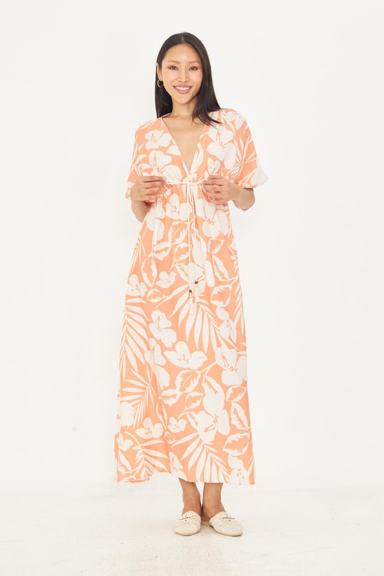 Palmiye Desen Kruvaze Yaka Keten Görünümlü Uzun Elbise