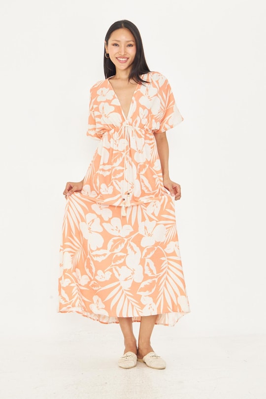 Palmiye Desen Kruvaze Yaka Keten Görünümlü Uzun Elbise