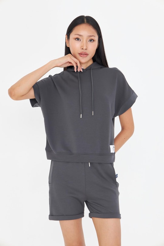 Kapüşonlu Kısa Kol Modal Sweatshirt