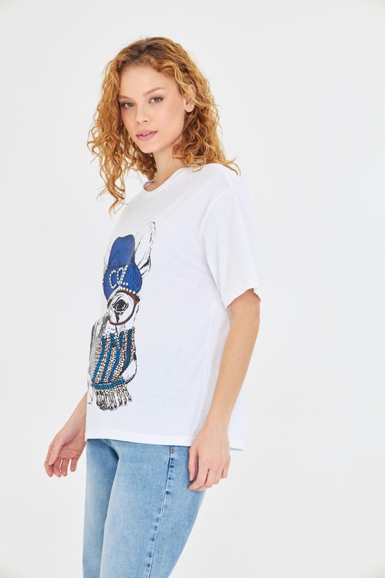  Baskılı Taşlı T-Shirt