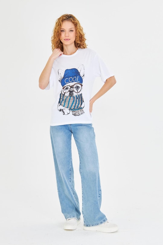  Baskılı Taşlı T-Shirt