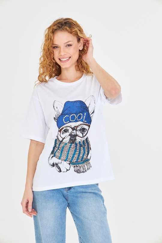  Baskılı Taşlı T-Shirt