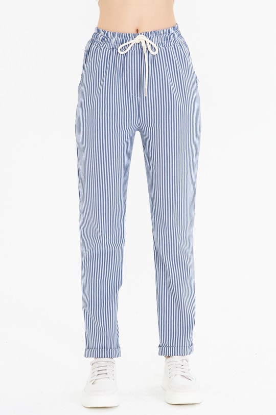 Lastikli Çizgili Chino Pantolon
