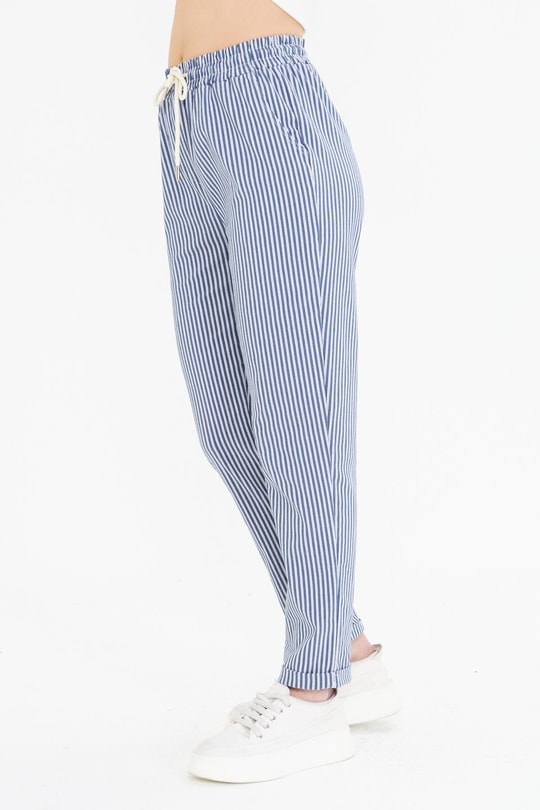 Lastikli Çizgili Chino Pantolon