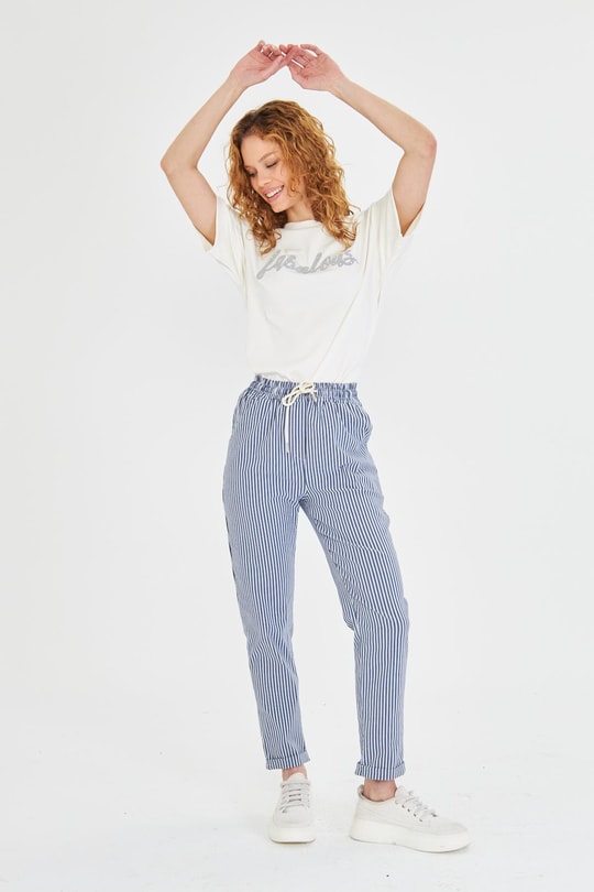 Lastikli Çizgili Chino Pantolon