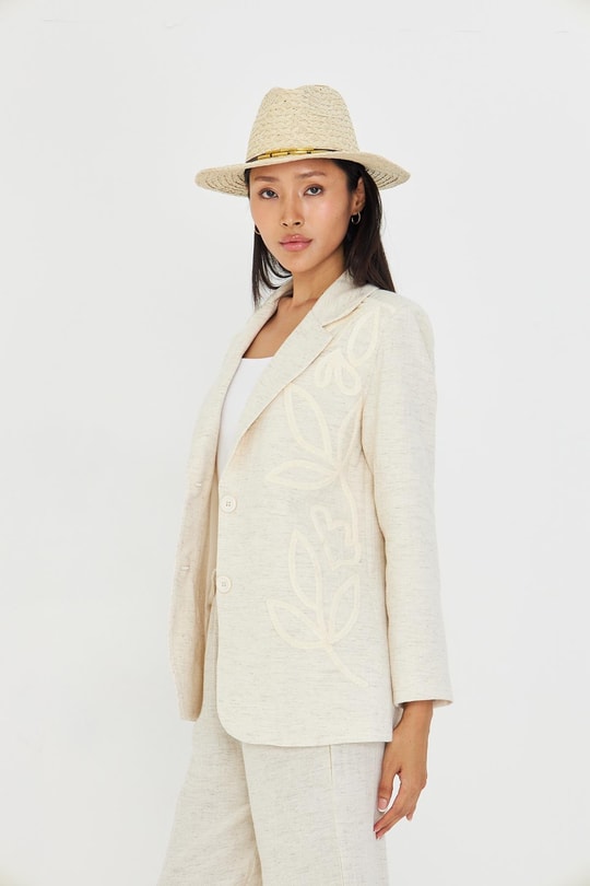 Nakışlı Kruvaze Yaka Keten Görünümlü Ceket 