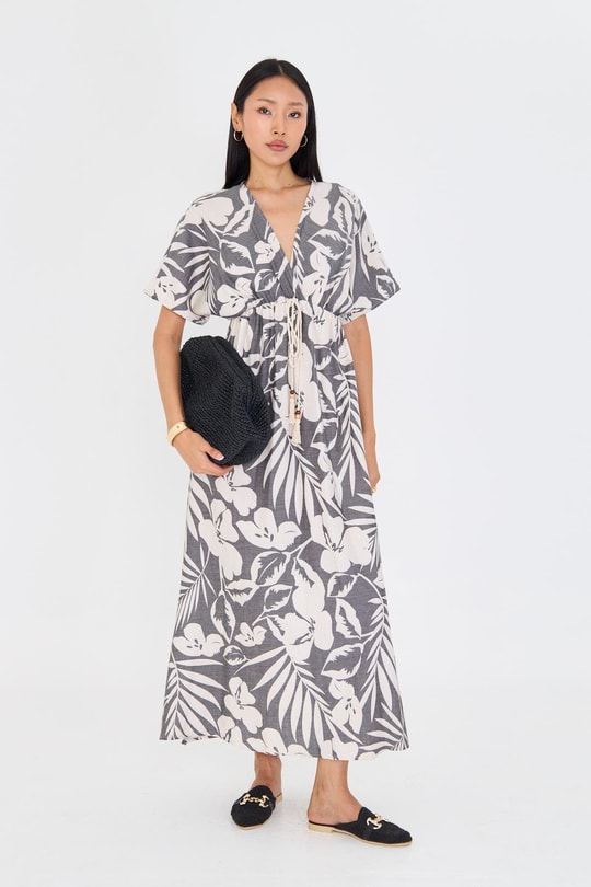 Palmiye Desen Kruvaze Yaka Keten Görünümlü Uzun Elbise