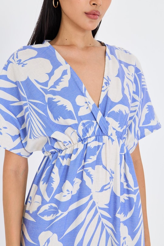 Palmiye Desen Kruvaze Yaka Keten Görünümlü Uzun Elbise